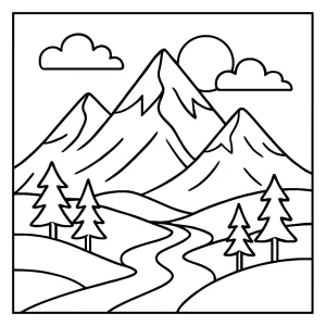 Omalovánka horskej krajiny – coloring page s detailmi hôr na vyfarbenie