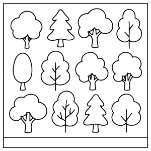 Omalovánka 11 stromov – stromová coloring page na vyfarbenie pre deti