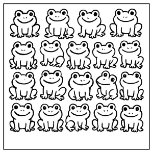 Omaľovánka žaby – coloring page s dvadsiatimi žabami na vyfarbenie