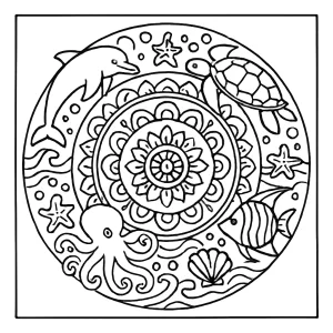 Omalovánka Mandala oceánu – detailná coloring page s motívmi mora na vyfarbenie
