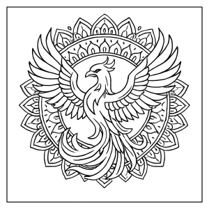 Fénix mandala omalovánka – detailná coloring page na vytlačenie zdarma