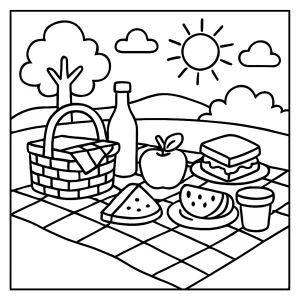 Omalovánka piknik v prírode – coloring page na vytlačenie zadarmo s rodinou a jedlom na lúke