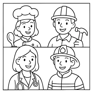 Omaľovánka profesií na vytlačenie zdarma – coloring page s lekárom, hasičom a ďalšími povolaniami pre deti