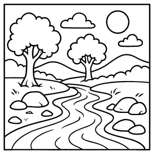 Pokojný tok rieky omalovánka – coloring page na vymaľovanie s riekou a prírodou