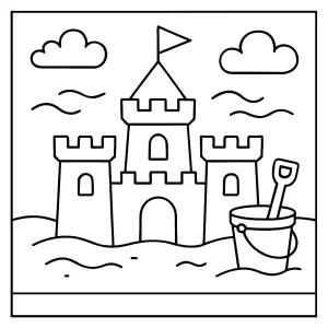 Omalovánka pieskového zámku – coloring page s letnou témou na vymaľovanie pre deti