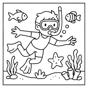 Omalovánka šnorchlovanie – coloring page pre deti s potápačom, rybami a koralmi