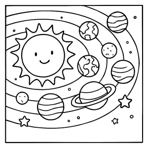 Omalovánka slnečnej sústavy – detailná coloring page pre deti na vyfarbenie planét a Slnka