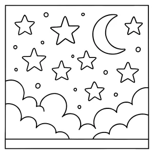 Coloring page hviezdnej oblohy – omalovánka s hviezdami a mesiacom na vyfarbenie zdarma
