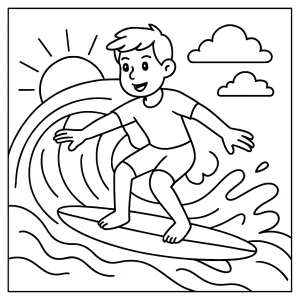 Omalovánka surfovania na vlnách – coloring page na vytlačenie zdarma pre deti