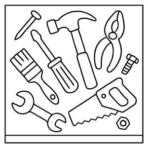 Náradie – omaľovánka pre deti, tlačiteľná coloring page s pracovnými nástrojmi