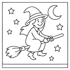 Čarodejnica na metle – omalovánka pre deti, coloring page na vytlačenie zdarma