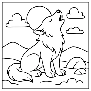 Omalovánka vlka vyjúceho na mesiac – vytlačiteľná coloring page zdarma pre deti