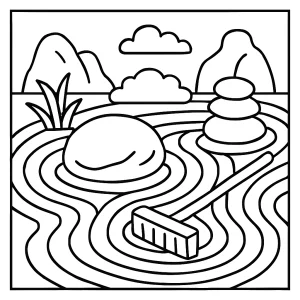 Zen záhrada coloring page omalovánka na vytlačenie s kamienkami a kvetmi