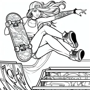 Omalovánka: sebavedomá dievčina na skateboarde predvádza kickflip cez rampu s graffiti, coloring page na vytlačenie