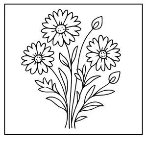 Cornflower whimsical bouquet omaľovánka, tlačiteľná coloring page pre deti aj dospelých