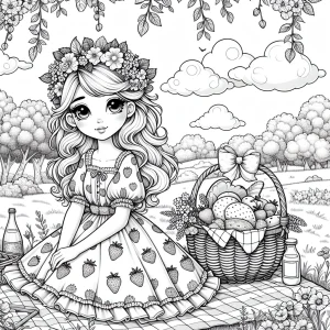 Cottagecore picnic girl omalovánka – dievča s kvetinovou korunou v jahodových šatách na pikniku v lúke, omaľovánka na vyfarbenie