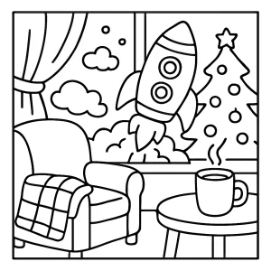 Perníková raketa pripravená na štart vo vianočnej zimnej scéne – omalovánka na vytlačenie, coloring page pre deti