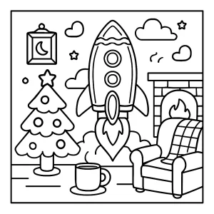 Omalovánka coloring page – útulná scéna štartu perníkovej rakety na vyfarbenie pre deti