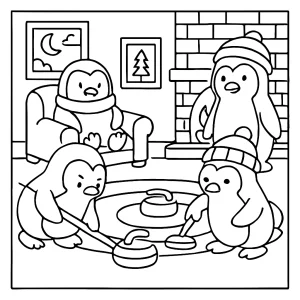 Tučniaky na curlingu – zimná omalovánka pre deti, coloring page na vytlačenie