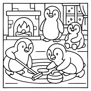 Omalovánka na vytlačenie: tučniaky hrajú curling v zimnej útulnej scéne, coloring page pre deti