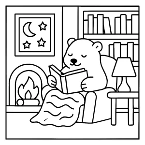 Polárna knižnica omalovánka – coloring page s medvedíkmi, knihami a lampášmi na zimný večer