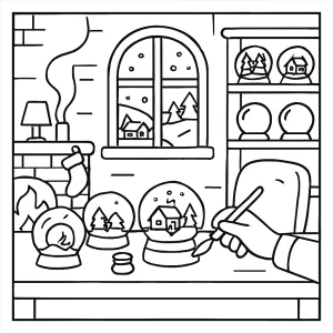 Cozy scene of snow globe factory coloring page omalovánka na vyfarbenie zadarmo