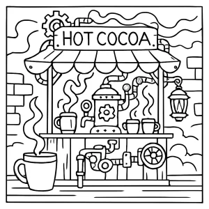 Steampunk stánok s horúcou čokoládou – omalovánka na vytlačenie, coloring page pre deti aj dospelých