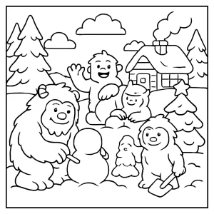 Cozy scene of yeti snow-sculpting contest coloring page – zimná omalovánka na vytlačenie