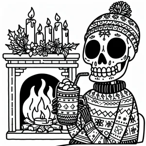 Kostlivec pri krbe – coloring page omalovánka na vytlačenie s útulnou zimnou scénou