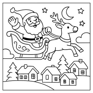 Santa Claus na saniach letí nad zasneženou dedinou – vianočná omalovánka, coloring page na vytlačenie