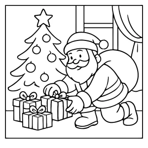 Santa dáva darčeky pod stromček omalovánka – vianočná coloring page na vytlačenie zdarma