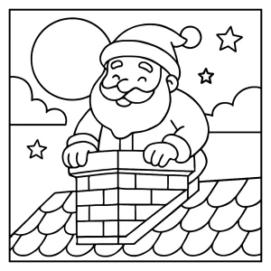 Omalovánka Santa Claus v komíne pri mesačnom svetle, vianočná coloring page na vyfarbenie