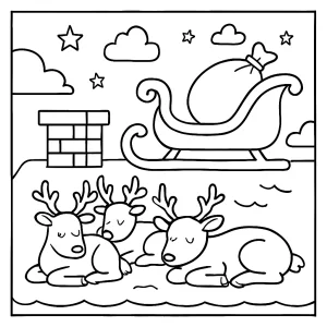 Vianočná omalovánka: Santa Claus na saniach pristáva na streche so sobmi – coloring page pre deti na vytlačenie