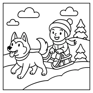 Zimná omalovánka dieťa na saniach za huskym – coloring page na vytlačenie pre deti