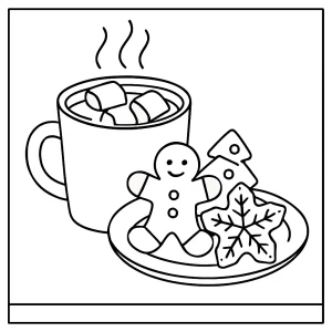 Vianočná omalovánka coloring page s horúcou čokoládou, marshmallows a tanierom vianočných sušienok na vyfarbenie