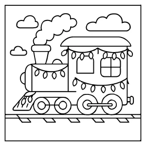 Omalovánka vianočný vlak so svetielkami – coloring page na tlač pre deti