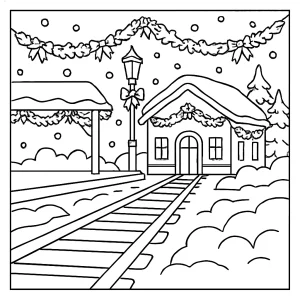 Omalovánka zasneženej železničnej stanice s girlandami - coloring page na vytlačenie