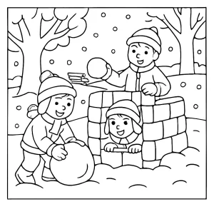 Omalovánka detí stavajúcich snehovú pevnosť v zasneženom parku, coloring page na vyfarbovanie a tlač