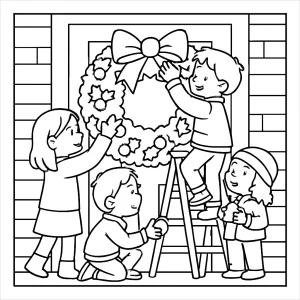 Deti zdobia veľký veniec na dverách – omalovánka, coloring page na vytlačenie