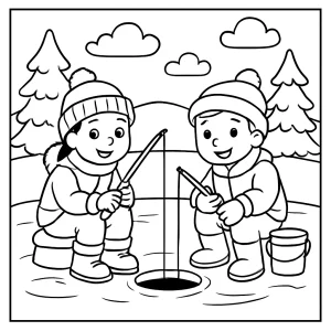 Zimná coloring page omalovánka detí loviacich ryby na zamrznutom jazere