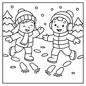 Zimné stopy detí – omalovánka na tlač, coloring page so zimnou scénou detí v snehu