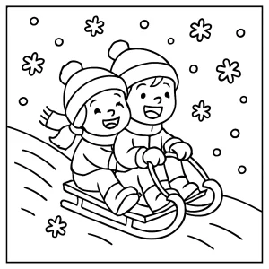 Zimná omalovánka – deti na sánkach pod snehovými vločkami, coloring page na vytlačenie a vyfarbenie