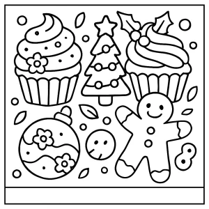 Omalovánka coloring page s veselými cupcakes a sušienkami na vyfarbenie