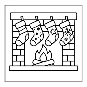 Omalovánka vianočných pančúch zavesených na kozube na vyfarbenie