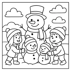 Omalovánka detí stavajúcich rodinu snehuliakov, zimná coloring page na vytlačenie