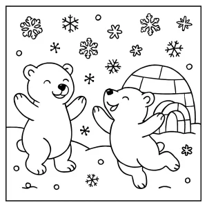 Omalovánka polárne medvede pri iglu a snehových vločkách, coloring page na vytlačenie