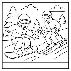 Zimné športy omalovánka – coloring page so snowboardistom a lyžiarom na vyfarbenie