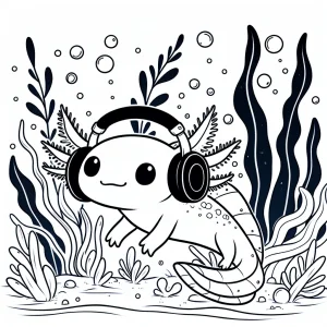 Axolotl s slúchadlami v lese rias – omalovánka pre deti, coloring page na vyfarbenie