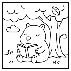Omaľovánka – kapybara čítajúca knihu pod stromom, coloring page na vytlačenie