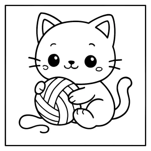 Omalovánka kawaii mačka s klbkom vlny na vyfarbenie zdarma pre deti